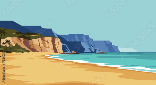 Coastal beach with cliffs and palm trees in vibrant flat art style