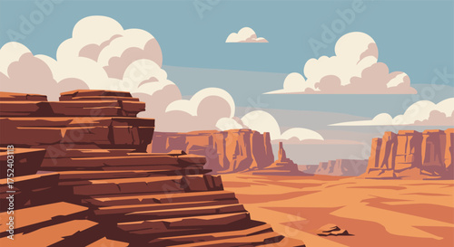 Scenic desert landscape with red rock formations and cloudy sky in flat art style