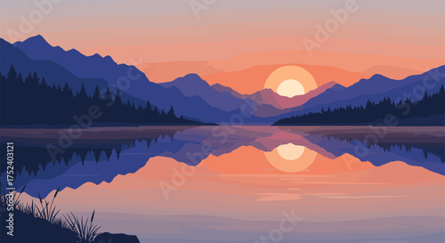 Tranquil mountain lake sunset with reflective water and silhouetted pines