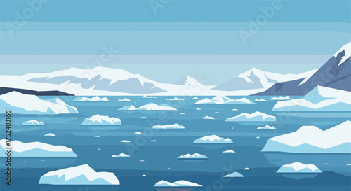 Tranquil arctic seascape with floating icebergs under a clear blue sky