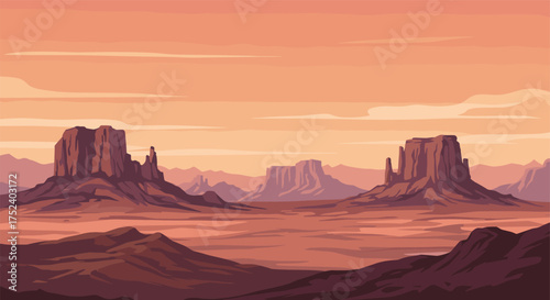 Desert landscape with red rock formations at sunset in retro style