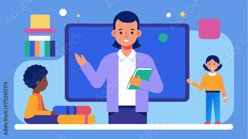 An animated virtual classroom scene featuring a teacher delivering a lesson through a smartphone screen with colorful graphics of educational content floating around.