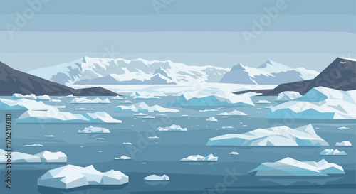 Serene arctic landscape with icebergs and snowy mountains under a clear sky