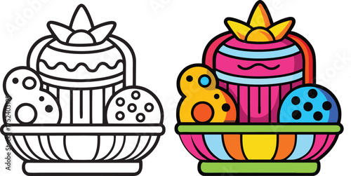 Colorful and outline decorated easter basket with eggs and treats for holiday celebrations and spring activities festive fun vector