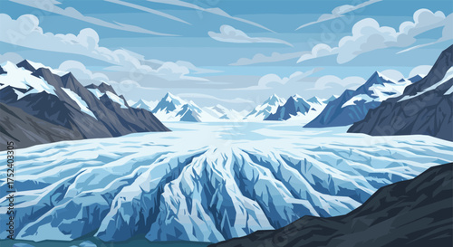 Majestic glacier landscape with snow-capped mountains under a clear blue sky