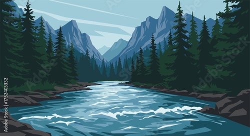 Serene mountain landscape with river flowing through pine forest