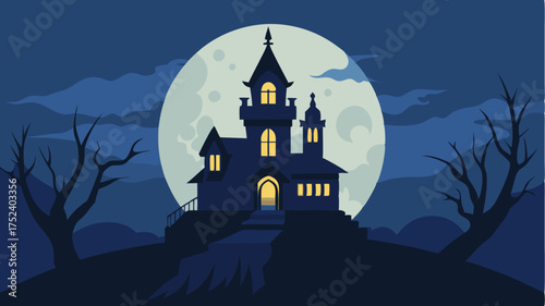 A haunting silhouette of a haunted mansion framed by a full moon conveying the atmosphere of a suspenseful horror film.