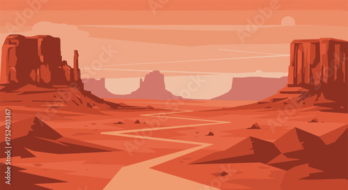 Desert landscape with red rocks and blue sky in flat style
