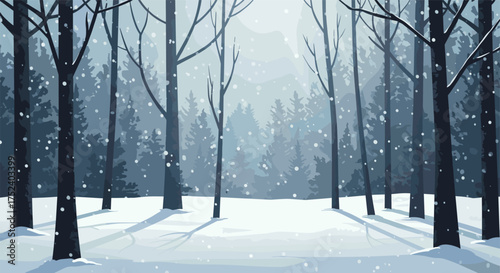 Serene winter forest with snow falling and bare trees in a tranquil landscape