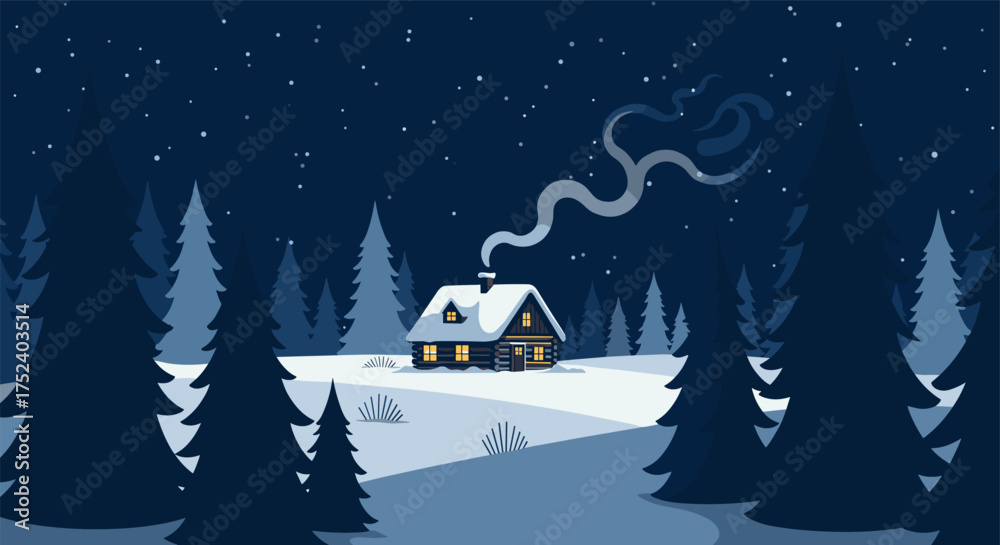 Fototapeta premium Cozy winter cabin in snowy forest night scene with stars and pine trees