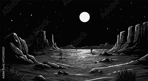 Mysterious night desert with keyhole moon and starry sky in monochrome art