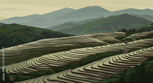 Majestic terraced rice fields in geometric style against mountainous landscape