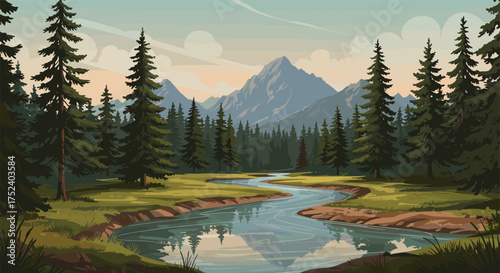 Tranquil mountain landscape with serene river and pine forest