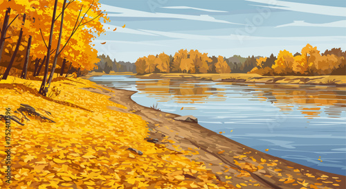 Autumn riverside landscape with vibrant foliage and tranquil water reflection