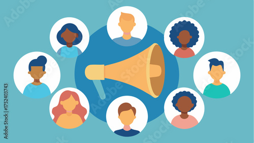 A megaphone surrounded by silhouettes of diverse individuals highlighting the power of community voices amplified through social media.