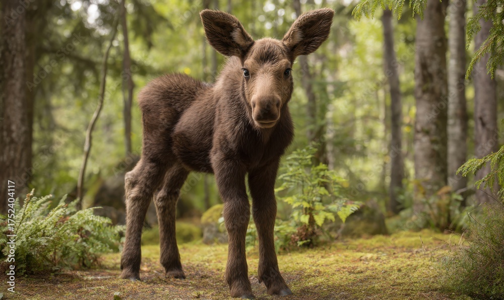 Fototapeta premium Young moose calf standing in a lush green forest environment.