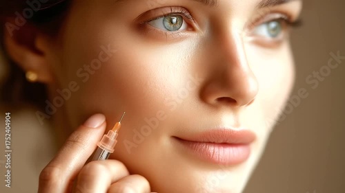 Flawless skin close-up, mesotherapeutic injection in the hand, luminous flux under the skin, modern medical aesthetics, soft-focus background, minimalistic elegance, warm tones, un