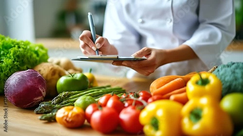 Nutrition expert organizing weekly diet plan chart with fresh produce around professional background, under gentle natural light, highlighting healthy ingredients and organized lay