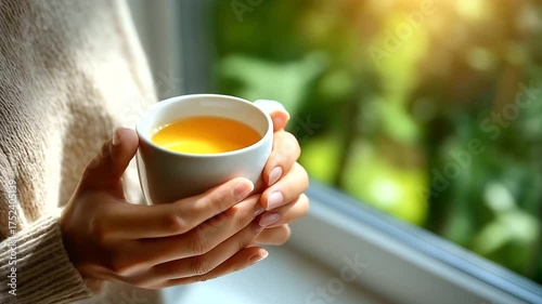 Close-up of hands holding a cup of herbal tea near a window with natural light, cozy wellness scene, under gentle natural light, highlighting soothing warmth and serene setting, se