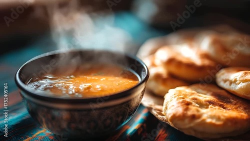 Harira soup with flatbread during Ramadan iftar, Tunisian setting, steam rising, intimate family atmosphere, under soft warm light, highlighting cultural meal and cozy vibe, serene