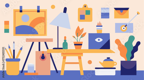 An eclectic art studio with varied painting supplies a work table cluttered with creative tools and inspirational art pieces on the walls.