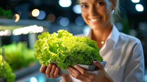 Dietitian showcasing fresh hydroponic lettuce for healthy meal prep professional kitchen background, under gentle natural light, highlighting vibrant greens and professional settin