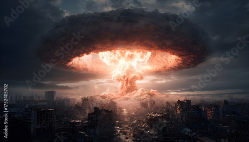 City destroyed by nuclear explosion with mushroom cloud. Dark shadow over ravaged cityscape, ruins and destruction. Consequences of atomic bomb, war, apocalypse, devastation, disaster, end of world.