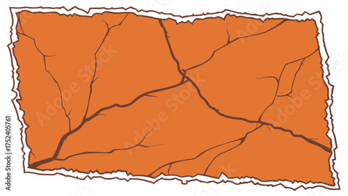cracked orange surface texture with black fracture lines broken damaged wall illustration rough torn border grunge abstract design isolated on white background.