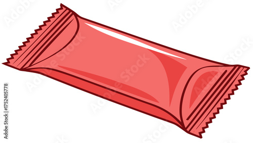 red sealed snack package candy bar wrapper illustration flexible food packaging pouch with serrated edges glossy foil design isolated on white background.
