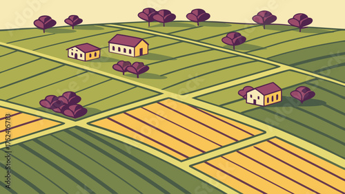 aerial view farmland agricultural fields countryside landscape illustration rural farm houses crop rows trees pastoral scenery rolling hills farming 