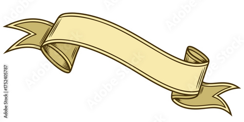 vintage cream beige curved ribbon banner illustration classic scroll design decorative label element flowing ornamental graphic isolated on white background.
