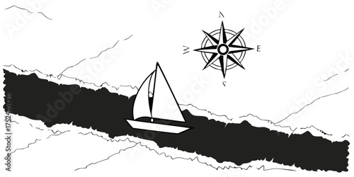 minimalist nautical scene sailboat on water with compass rose black white illustration maritime ocean sailing adventure design