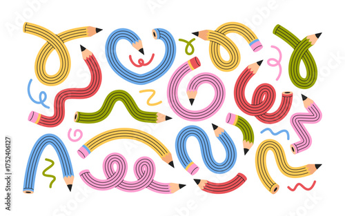 Flexible twisted pencils drawing tools with whimsical form and shapes colorful hand drawn set