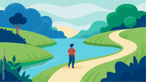 A peaceful nature walk along a winding river highlighting a person stopping to admire the reflection in the water and nearby lush vegetation.
