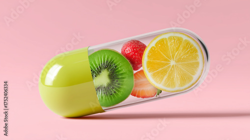 Wallpaper Mural A vitamin capsule filled with a colorful assortment of fruits, promoting health and wellness. A vibrant close-up of a health supplement, showing fresh fruit Torontodigital.ca
