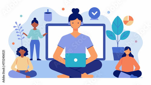 An illustration showing a digital wellness workshop being conducted online with participants actively engaging in selfhelp techniques journaling and creativity.