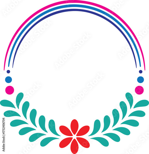 Colorful floral circle frame with rainbow arch decoration