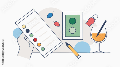 A hand drawing the outline of a wine label design on a sketchpad with watercolor palettes and brushes tered nearby illustrating the creative process.