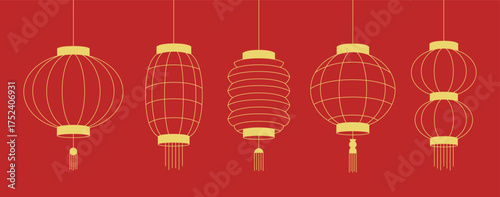 Chinese Lanterns set. Festival asian lanterns isolated on red background. Simple line style. festival lights, oriental paper lamps. Chinatown decoration. Vector illustration