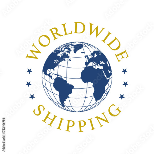 Worldwide Shipping logo, emblem. World globe stamp, icon. Vector illustration