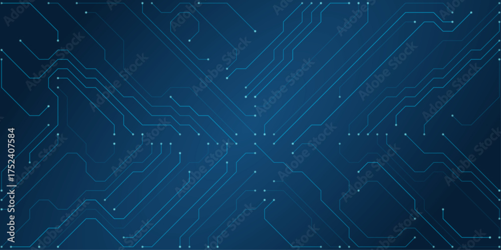 Fototapeta premium Futuristic blue circuit board pattern with glowing nodes and intricate pathways representing technology and data flow