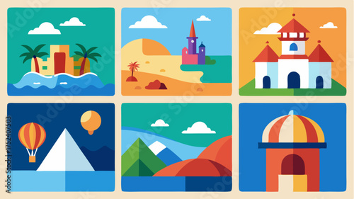 A set of postcard designs showcasing different types of vacations such as beach adventure and cultural with illustrated landmarks.