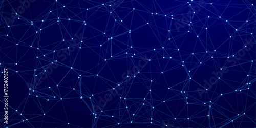 Abstract interconnected blue network of dots and lines forming a complex web structure on a dark blue background