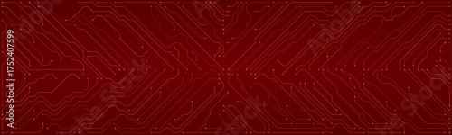 Vibrant red circuit board pattern with glowing lines and nodes representing technology, data, and energy flow in a wide banner format