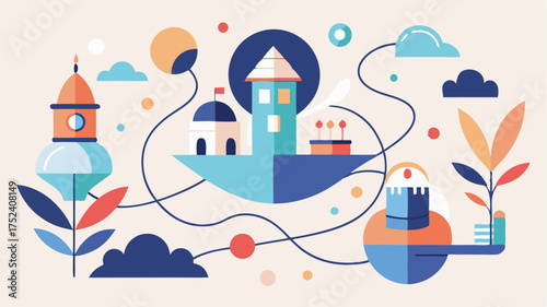 A whimsical depiction of inspiration sources such as nature architecture and technology visually interconnected with flowing lines that represent creative ideas.