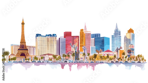 Las Vegas Strip. Las Vegas Strip hand drawn watercolor illustration