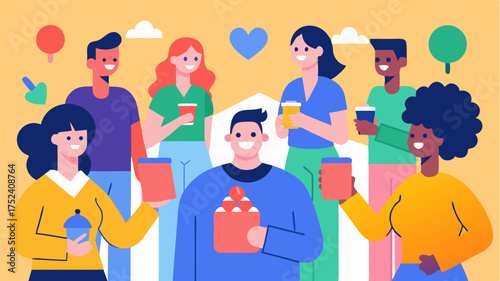 A vibrant marketplace scene where influencers and brand ambassadors interact with consumers showcasing products and encouraging social sharing.