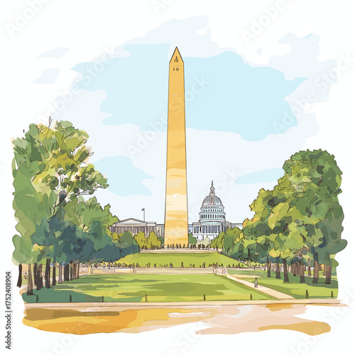 Washington D.C.. Washington D.C. hand drawn watercolor illustration