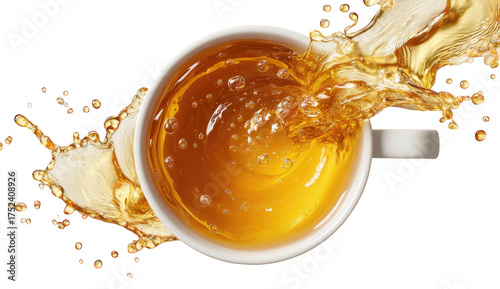 Splashing amber tea in white cup viewed from above against black background