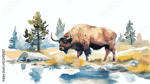 Yellowstone National Park. Yellowstone National Park hand drawn watercolor illustration